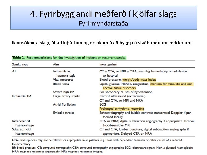 4. Fyrirbyggjandi meðferð í kjölfar slags Fyrirmyndarstaða Rannsóknir á slagi, áhættuþáttum og orsökum á