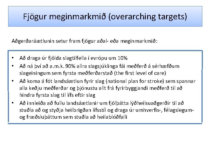 Fjögur meginmarkmið (overarching targets) Aðgerðaráætlunin setur fram fjögur aðal- eða meginmarkmið: • Að draga