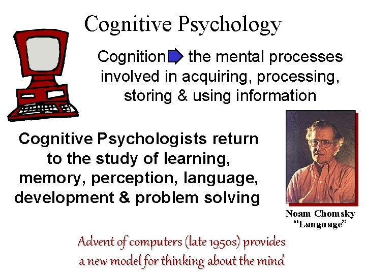Cognitive Psychology Cognition the mental processes involved in acquiring, processing, storing & using information