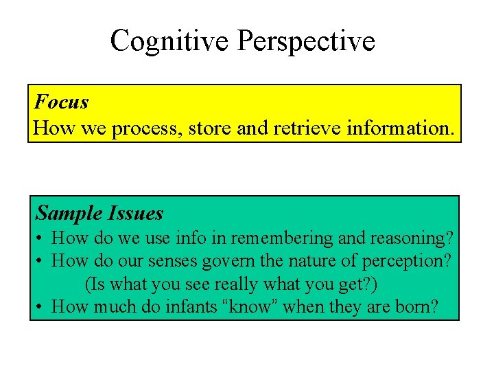 Cognitive Perspective Focus How we process, store and retrieve information. Sample Issues • How