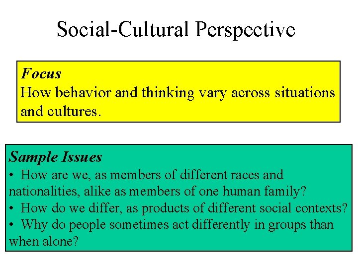Social-Cultural Perspective Focus How behavior and thinking vary across situations and cultures. Sample Issues