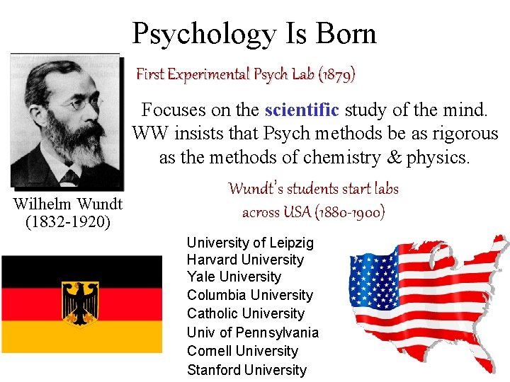 Psychology Is Born First Experimental Psych Lab (1879) Focuses on the scientific study of