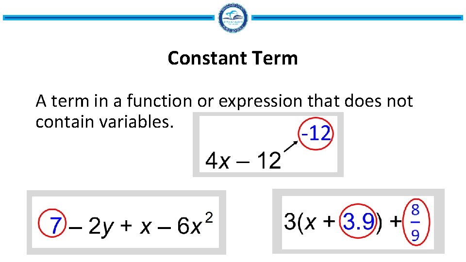 Constant Term A term in a function or expression that does not contain variables.