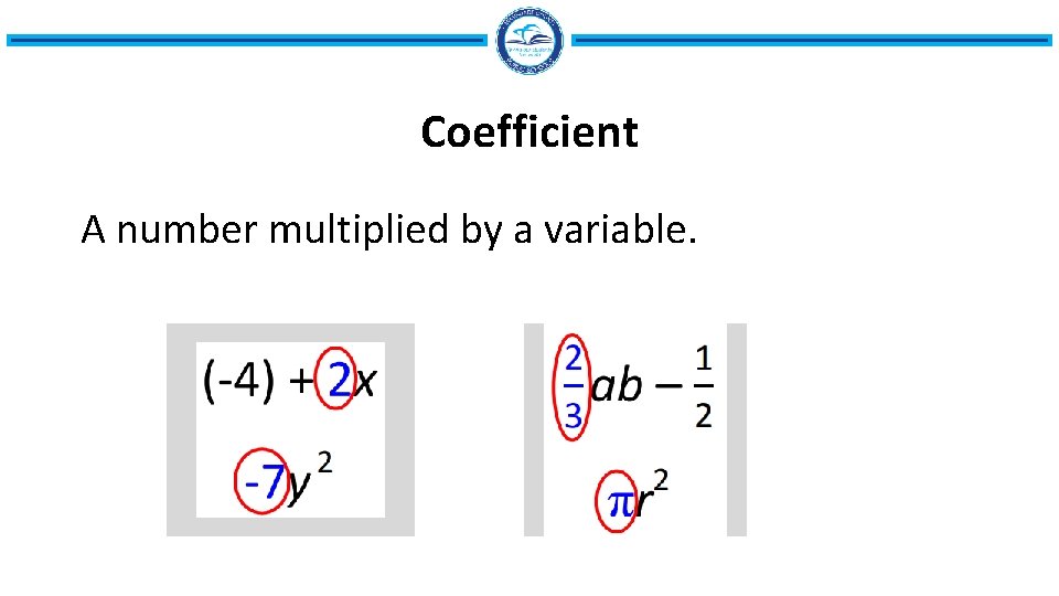 Coefficient A number multiplied by a variable. 