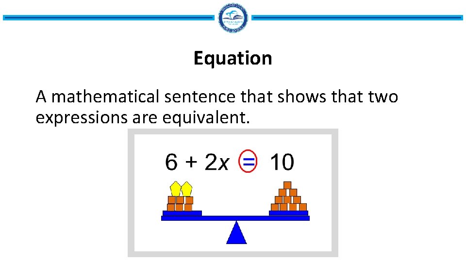 Equation A mathematical sentence that shows that two expressions are equivalent. 