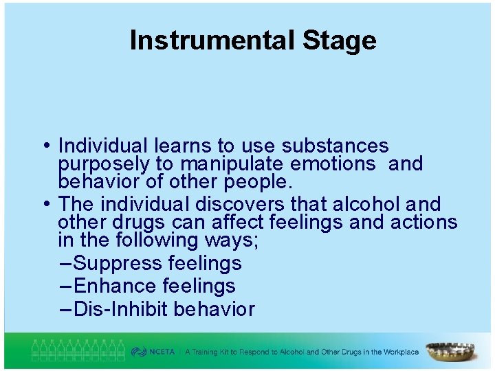 Instrumental Stage • Individual learns to use substances purposely to manipulate emotions and behavior