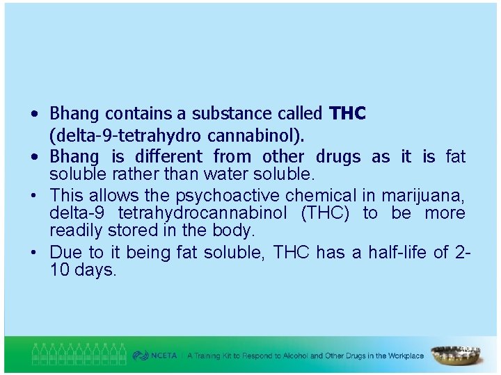  • Bhang contains a substance called THC (delta-9 -tetrahydro cannabinol). • Bhang is