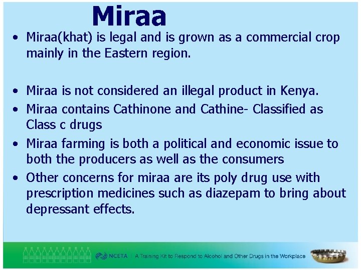 Miraa • Miraa(khat) is legal and is grown as a commercial crop mainly in