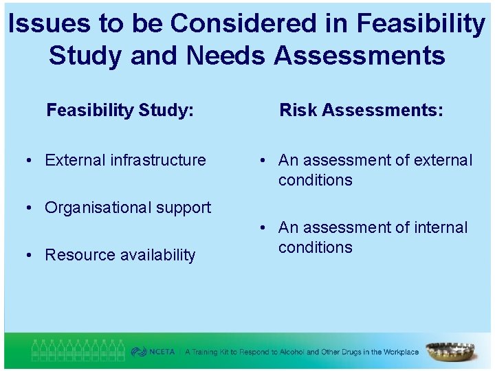 Issues to be Considered in Feasibility Study and Needs Assessments Feasibility Study: Risk Assessments: