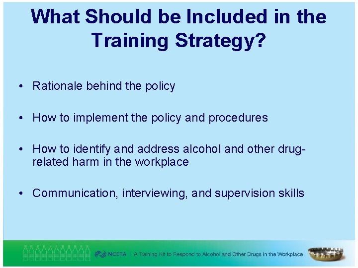 What Should be Included in the Training Strategy? • Rationale behind the policy •