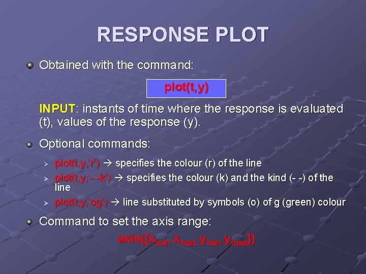 RESPONSE PLOT Obtained with the command: plot(t, y) INPUT: instants of time where the