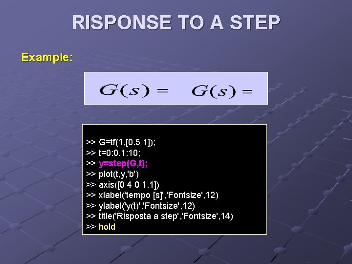 RISPONSE TO A STEP Example: >> G=tf(1, [0. 5 1]); >> t=0: 0. 1: