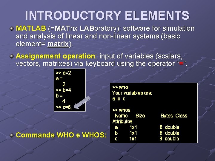INTRODUCTORY ELEMENTS MATLAB (=MATrix LABoratory): software for simulation and analysis of linear and non-linear