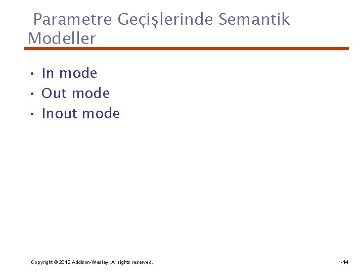 Parametre Geçişlerinde Semantik Modeller • In mode • Out mode • Inout mode Copyright