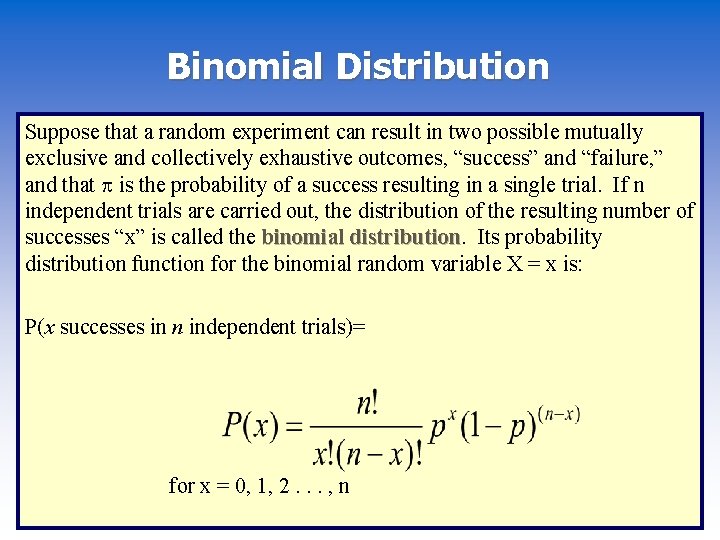 Binomial Distribution Suppose that a random experiment can result in two possible mutually exclusive
