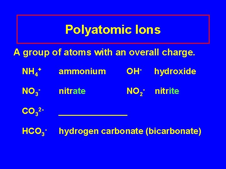 Polyatomic Ions A group of atoms with an overall charge. NH 4+ ammonium OH-