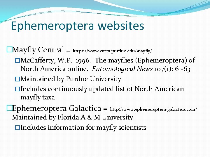 Ephemeroptera websites �Mayfly Central = https: //www. entm. purdue. edu/mayfly/ �Mc. Cafferty, W. P.