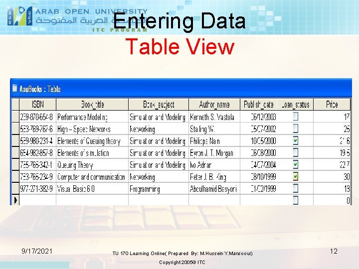 Entering Data Table View 9/17/2021 TU 170 Learning Online( Prepared By: M. Hussein Y.