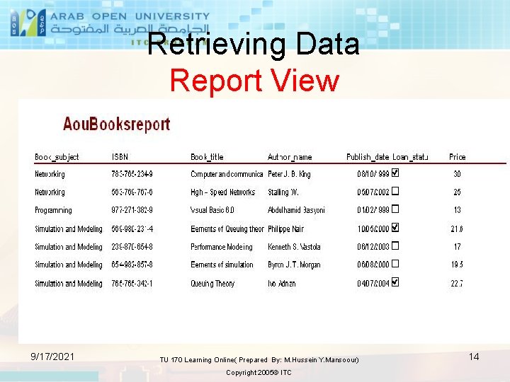Retrieving Data Report View 9/17/2021 TU 170 Learning Online( Prepared By: M. Hussein Y.