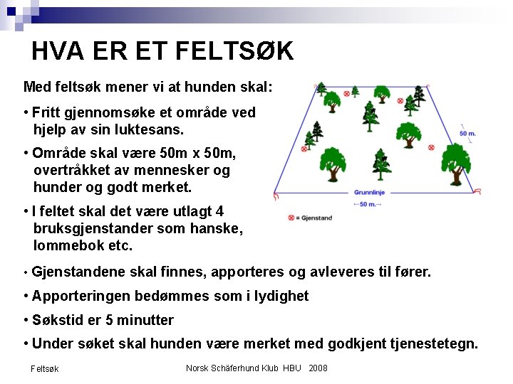 HVA ER ET FELTSØK Med feltsøk mener vi at hunden skal: • Fritt gjennomsøke