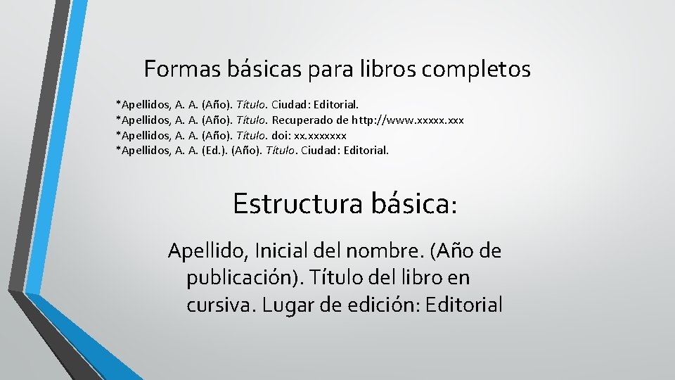 Formas básicas para libros completos *Apellidos, A. A. (Año). Título. Ciudad: Editorial. *Apellidos, A.