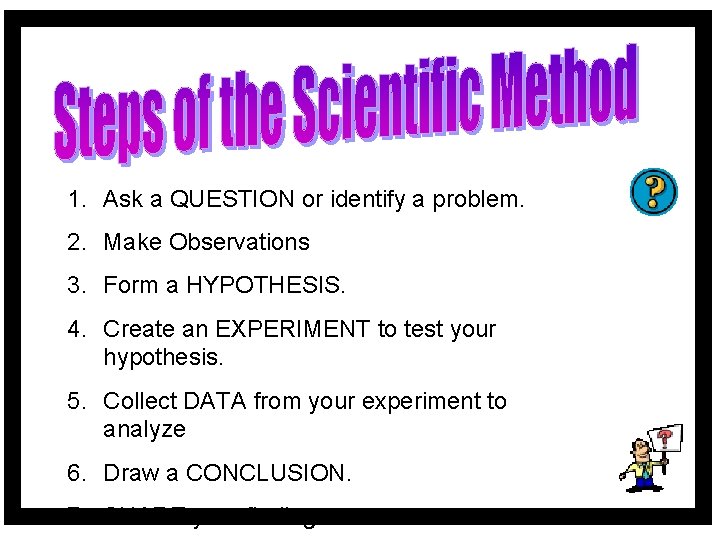 1. Ask a QUESTION or identify a problem. 2. Make Observations 3. Form a