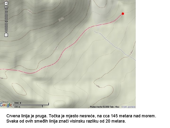 Crvena linija je pruga. Točka je mjesto nesreće, na cca 145 metara nad morem.