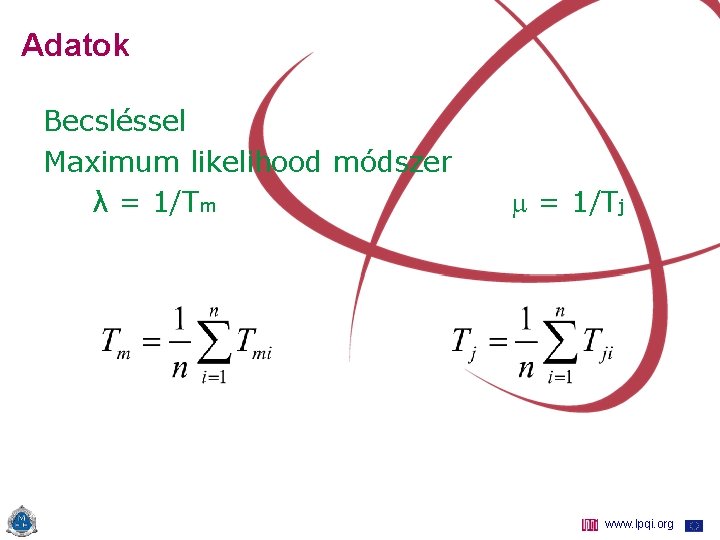 Adatok Becsléssel Maximum likelihood módszer λ = 1/Tm = 1/Tj www. lpqi. org 