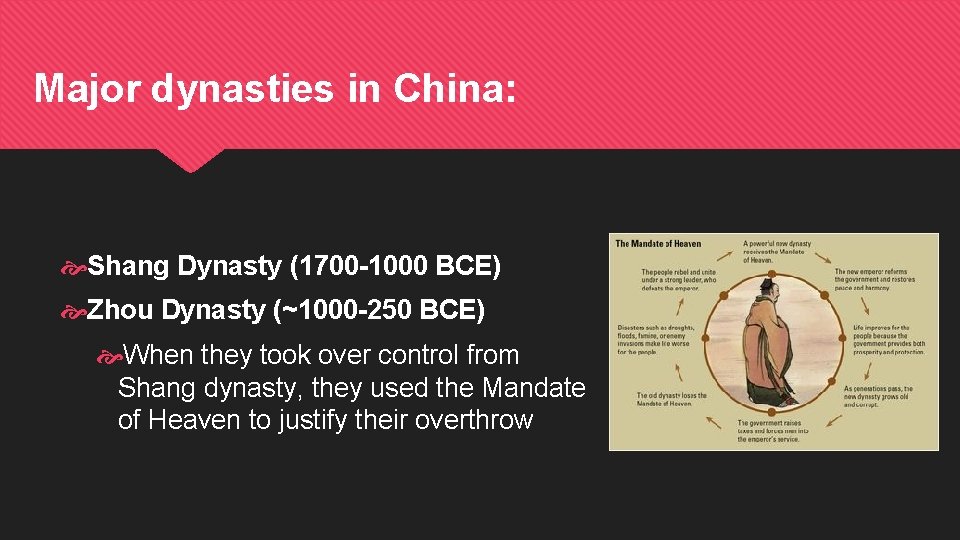 Major dynasties in China: Shang Dynasty (1700 -1000 BCE) Zhou Dynasty (~1000 -250 BCE)