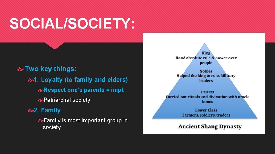 SOCIAL/SOCIETY: Two key things: 1. Loyalty (to family and elders) Respect one’s parents =