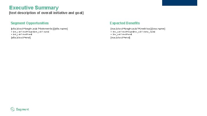 Executive Summary [text description of overall initiative and goal] Segment Opportunities Expected Benefits [sits;