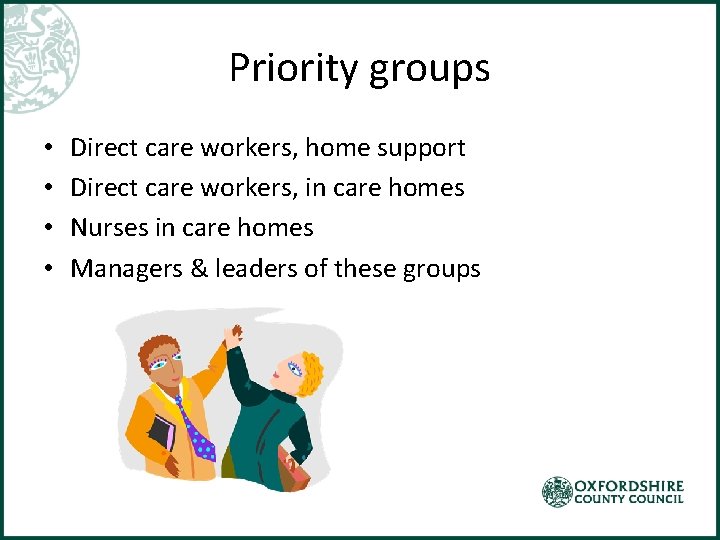 Priority groups • • Direct care workers, home support Direct care workers, in care