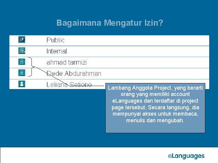 Bagaimana Mengatur Izin? Lambang Anggota Project, yang berarti orang yang memiliki account e. Languages