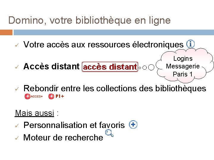 Domino, votre bibliothèque en ligne ü Votre accès aux ressources électroniques Logins Messagerie Paris