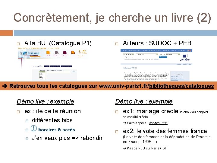 Concrètement, je cherche un livre (2) A la BU (Catalogue P 1) Ailleurs :