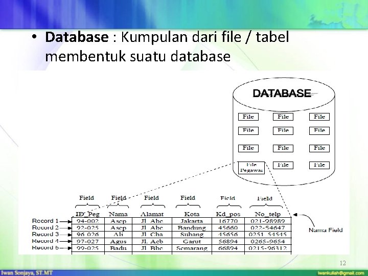  • Database : Kumpulan dari file / tabel membentuk suatu database 12 
