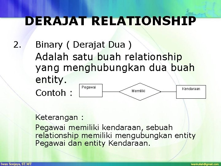 DERAJAT RELATIONSHIP 2. Binary ( Derajat Dua ) Adalah satu buah relationship yang menghubungkan