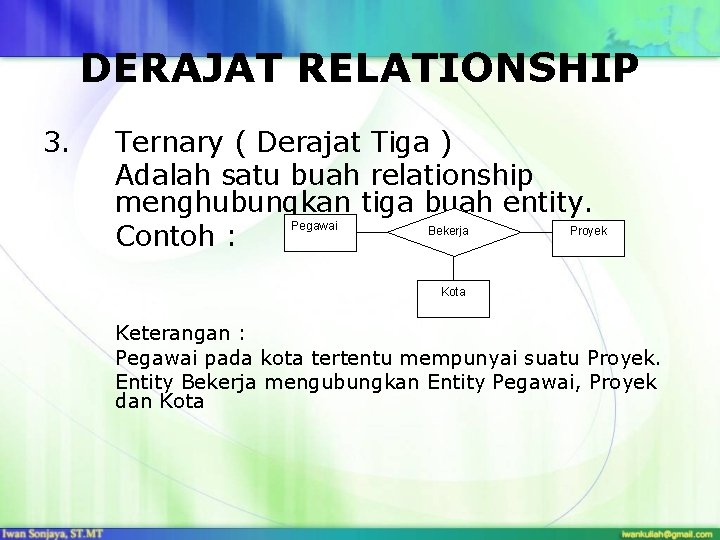 DERAJAT RELATIONSHIP 3. Ternary ( Derajat Tiga ) Adalah satu buah relationship menghubungkan tiga