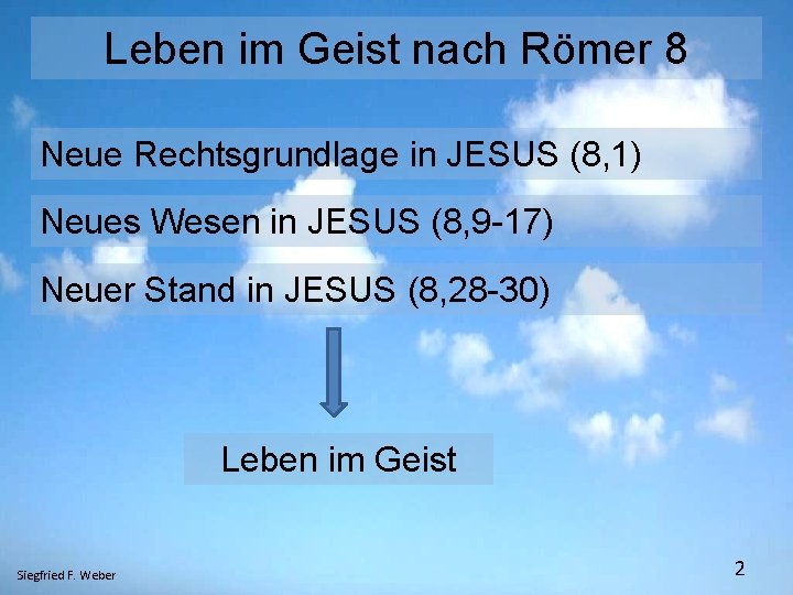 Leben im Geist nach Römer 8 Neue Rechtsgrundlage in JESUS (8, 1) Neues Wesen