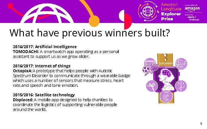 What have previous winners built? 2016/2017: Artificial Intelligence TOMODACHI: A smartwatch app operating as