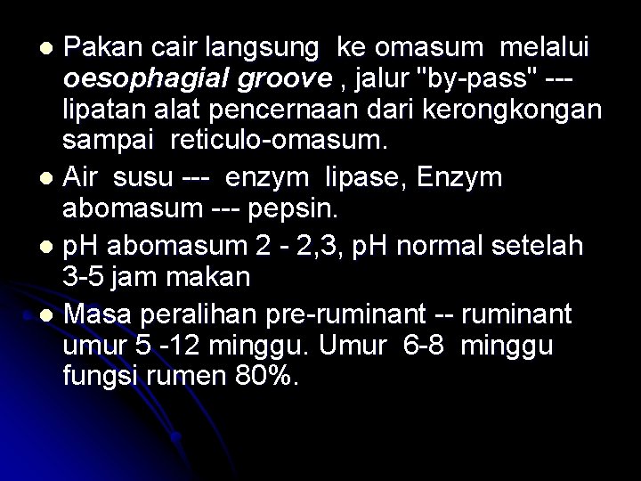 Pakan cair langsung ke omasum melalui oesophagial groove , jalur "by-pass" --lipatan alat pencernaan Pakan cair langsung ke omasum melalui oesophagial groove , jalur "by-pass" --lipatan alat pencernaan