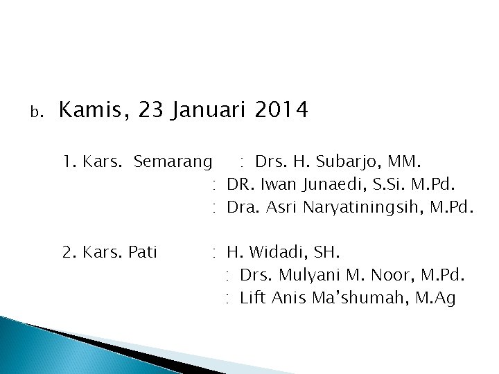 b. Kamis, 23 Januari 2014 1. Kars. Semarang : Drs. H. Subarjo, MM. :