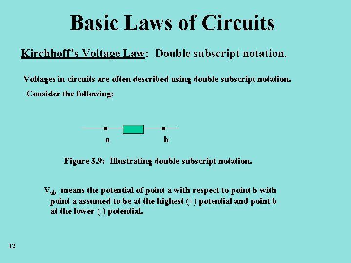 Basic Laws of Circuits Kirchhoff’s Voltage Law: Double subscript notation. Voltages in circuits are
