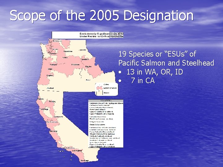 Scope of the 2005 Designation 19 Species or “ESUs” of Pacific Salmon and Steelhead