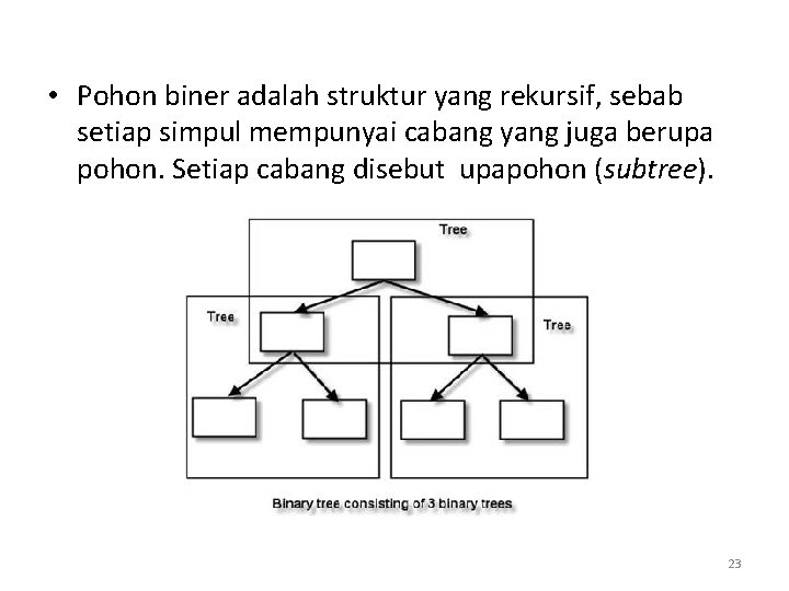  • Pohon biner adalah struktur yang rekursif, sebab setiap simpul mempunyai cabang yang