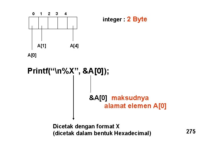 0 1 A[1] 2 3 4 integer : 2 Byte A[4] A[0] Printf(“n%X”, &A[0]);