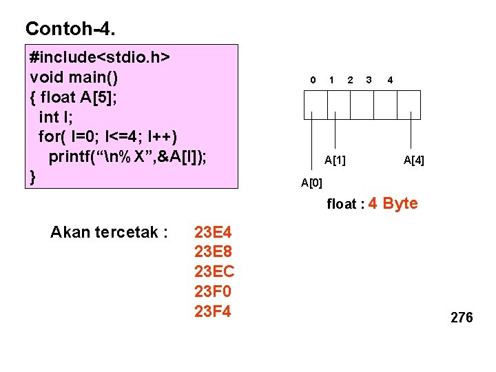 Contoh-4. #include<stdio. h> void main() { float A[5]; int I; for( I=0; I<=4; I++)