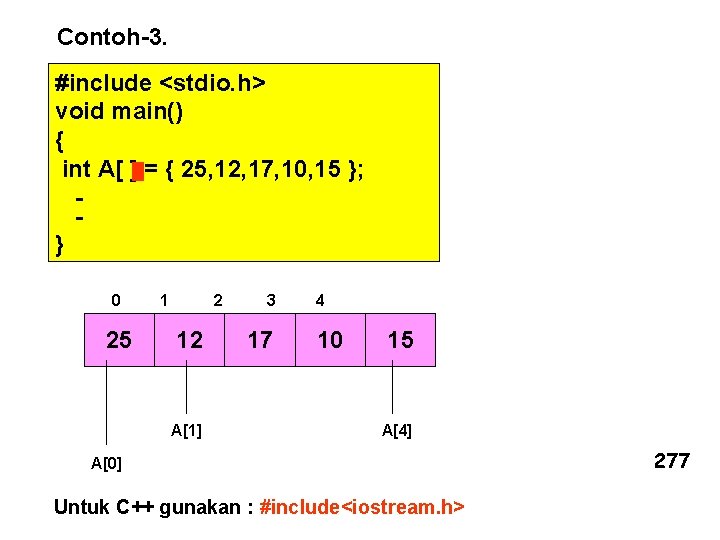 Contoh-3. #include <stdio. h> void main() { int A[ ] = { 25, 12,