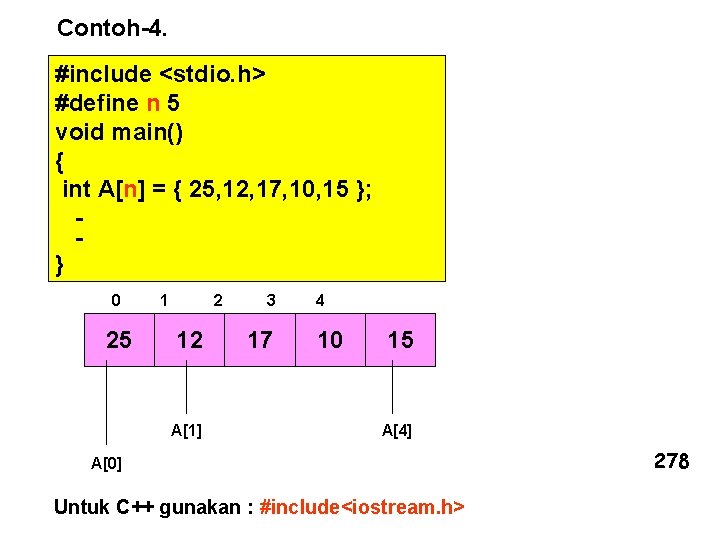 Contoh-4. #include <stdio. h> #define n 5 void main() { int A[n] = {