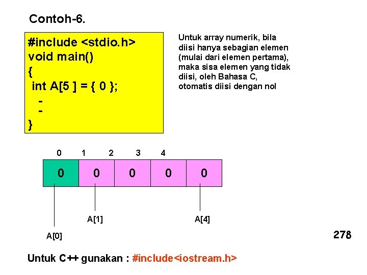 Contoh-6. Untuk array numerik, bila diisi hanya sebagian elemen (mulai dari elemen pertama), maka